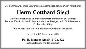 Traueranzeige von Gotthard Siegl von Allgäuer Zeitung, Füssen