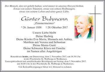 Traueranzeige von Günter Buhmann von Allgäuer Zeitung