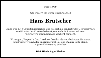 Traueranzeige von Hans Brutscher von Allgäuer Anzeigeblatt