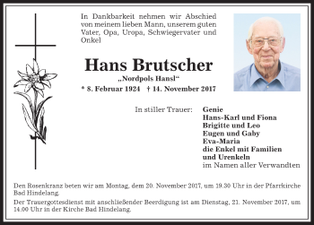 Traueranzeige von Hans Brutscher von Allgäuer Anzeigeblatt