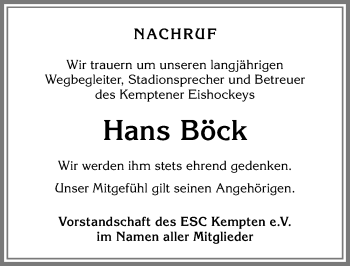 Traueranzeige von Hans Böck von Allgäuer Zeitung,Kempten