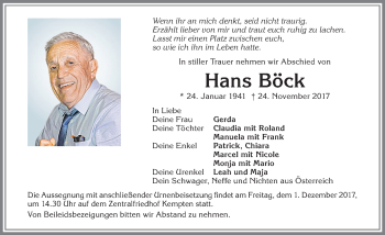 Traueranzeige von Hans Böck von Allgäuer Zeitung,Kempten