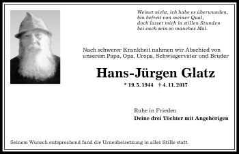Traueranzeige von Hans-Jürgen Glatz von Allgäuer Anzeigeblatt