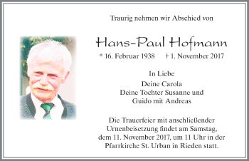 Traueranzeige von Hans-Paul Hofmann von Allgäuer Zeitung, Füssen