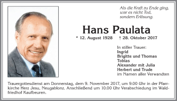 Traueranzeige von Hans Paulata von Allgäuer Zeitung, Kaufbeuren/Buchloe