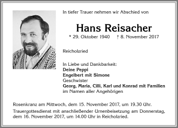 Traueranzeige von Hans Reisacher von Allgäuer Zeitung,Kempten