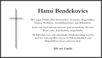 Traueranzeige von Hansi Bendekovics von Der Westallgäuer