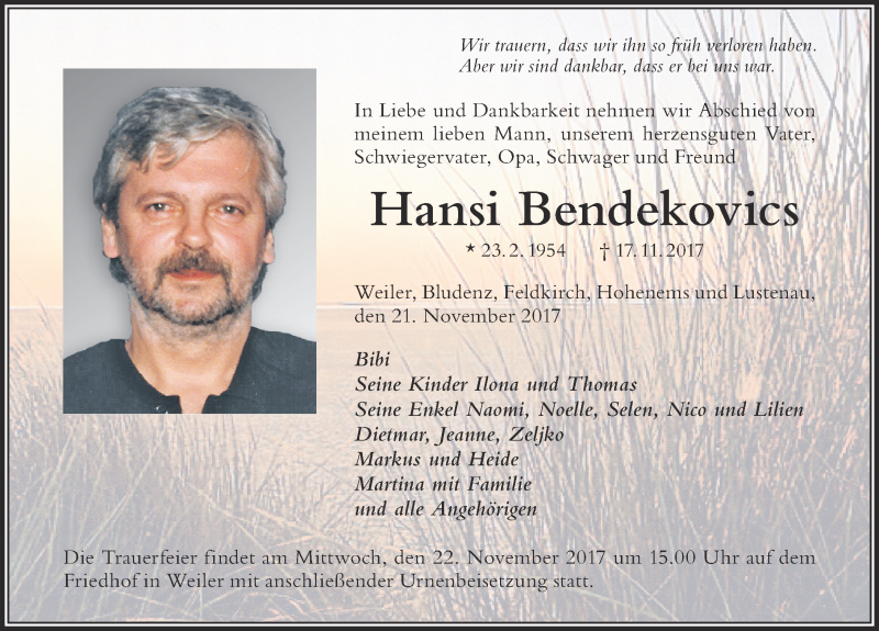  Traueranzeige für Hansi Bendekovics vom 21.11.2017 aus Der Westallgäuer