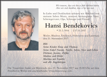 Traueranzeige von Hansi Bendekovics von Der Westallgäuer