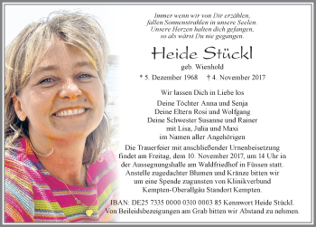 Traueranzeige von Heide Stückl von Allgäuer Zeitung, Füssen