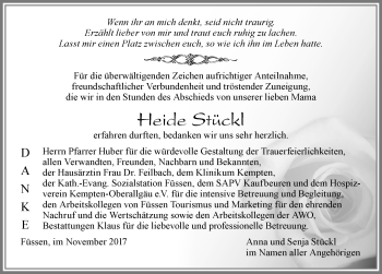 Traueranzeige von Heide Stückl von Allgäuer Zeitung, Füssen