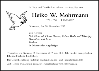 Traueranzeige von Heiko W. Mohrmann von Der Westallgäuer