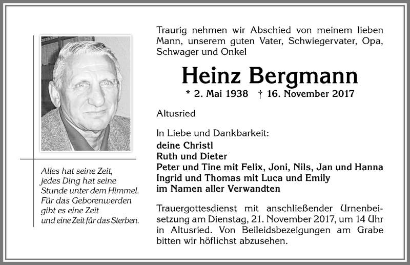  Traueranzeige für Heinz Bergmann vom 18.11.2017 aus Allgäuer Zeitung,Kempten