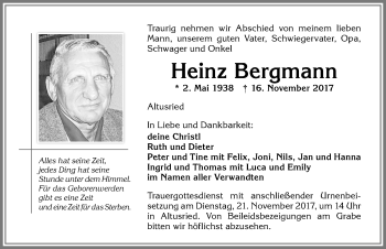 Traueranzeige von Heinz Bergmann von Allgäuer Zeitung,Kempten