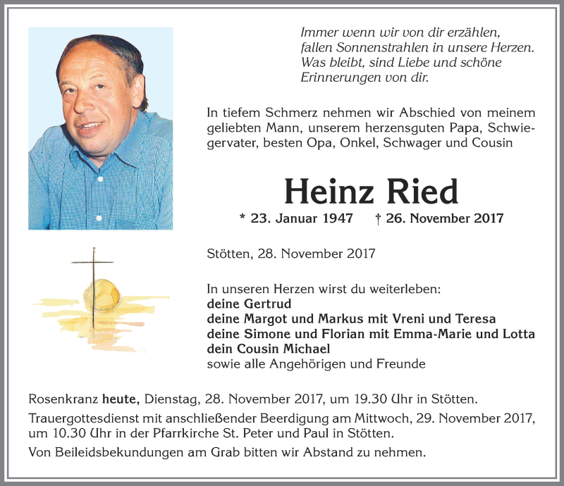  Traueranzeige für Heinz Ried vom 28.11.2017 aus Allgäuer Zeitung, Marktoberdorf