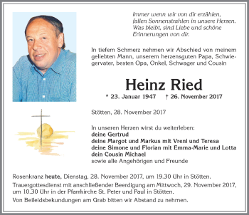 Traueranzeige von Heinz Ried von Allgäuer Zeitung, Marktoberdorf