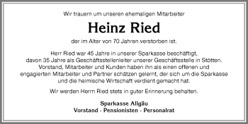 Traueranzeige von Heinz Ried von Allgäuer Zeitung