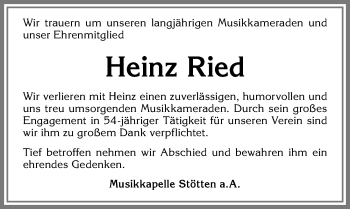 Traueranzeige von Heinz Ried von Allgäuer Zeitung, Marktoberdorf