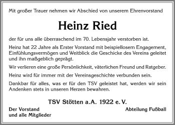 Traueranzeige von Heinz Ried von Allgäuer Zeitung, Marktoberdorf