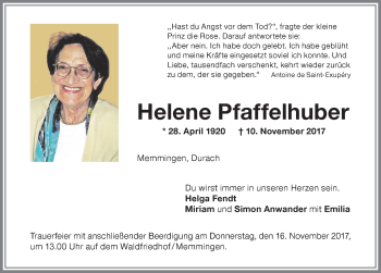 Traueranzeige von Helene Pfaffelhuber von Memminger Zeitung