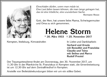 Traueranzeige von Helene Storm von Allgäuer Zeitung,Kempten