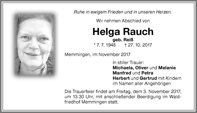  Traueranzeige für Helga Rauch vom 02.11.2017 aus Memminger Zeitung
