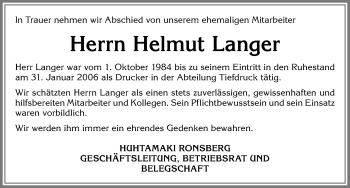 Traueranzeige von Helmut Langer von Allgäuer Zeitung