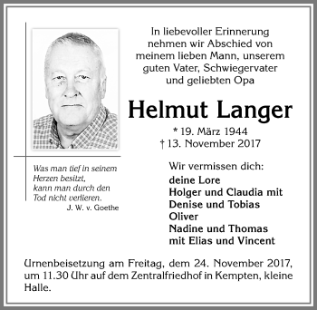 Traueranzeige von Helmut Langer von Allgäuer Zeitung,Kempten