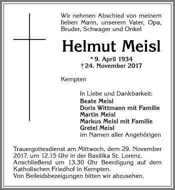 Traueranzeige von Helmut Meisl von Allgäuer Zeitung,Kempten