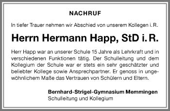 Traueranzeige von Hermann Happ von Memminger Zeitung