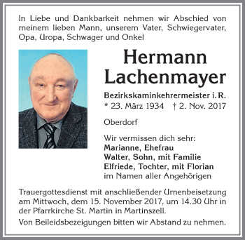 Traueranzeige von Hermann Lachenmayer von Allgäuer Zeitung, Gesamtausgabe