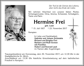 Traueranzeige von Hermine Frei von Allgäuer Zeitung,Kempten