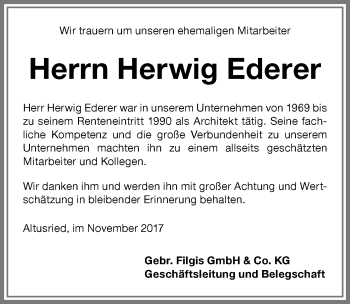 Traueranzeige von Herwig Ederer von Memminger Zeitung
