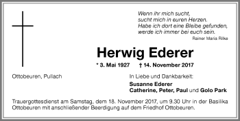 Traueranzeige von Herwig Ederer von Memminger Zeitung