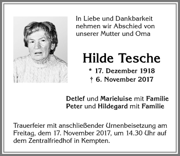 Traueranzeige von Hilde Tesche von Allgäuer Zeitung,Kempten