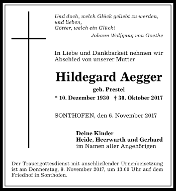 Traueranzeige von Hildegard Aegger von Allgäuer Anzeigeblatt
