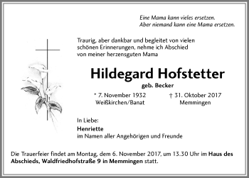 Traueranzeige von Hildegard Hofstetter von Memminger Zeitung