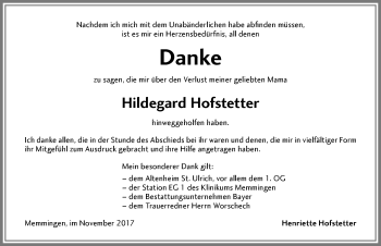 Traueranzeige von Hildegard Hofstetter von Memminger Zeitung