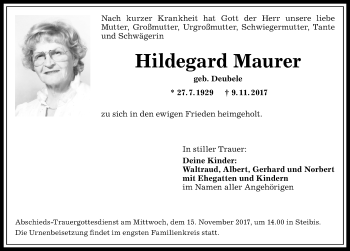 Traueranzeige von Hildegard Maurer von Allgäuer Anzeigeblatt