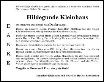Traueranzeige von Hildegunde Kleinhans von Allgäuer Anzeigeblatt