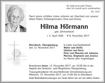 Traueranzeige von Hilma Hörmann von Allgäuer Zeitung