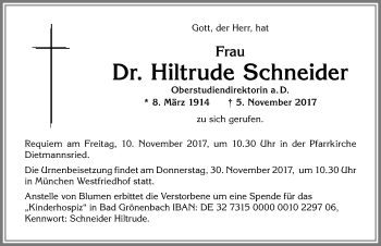 Traueranzeige von Hiltrude Schneider von Allgäuer Zeitung,Kempten