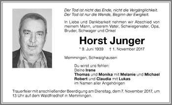 Traueranzeige von Horst Junger von Memminger Zeitung