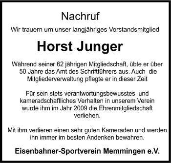 Traueranzeige von Horst Junger von Memminger Zeitung