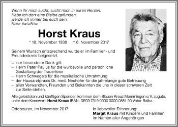 Traueranzeige von Horst Kraus von Memminger Zeitung