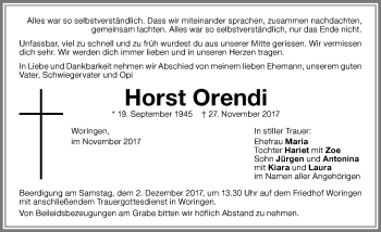 Traueranzeige von Horst Orendi von Memminger Zeitung