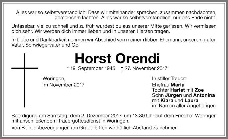  Traueranzeige für Horst Orendi vom 30.11.2017 aus Memminger Zeitung