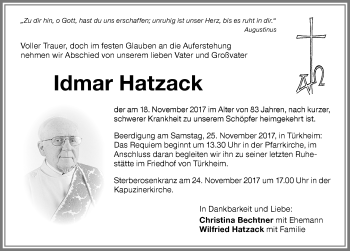 Traueranzeige von Idmar Hatzack von Allgäuer Zeitung