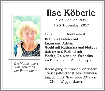 Traueranzeige von Ilse Köberle von Allgäuer Zeitung,Kempten