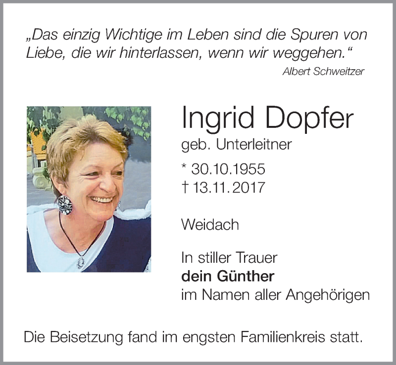 Traueranzeige für Ingrid Dopfer vom 23.11.2017 aus Allgäuer Zeitung,Kempten